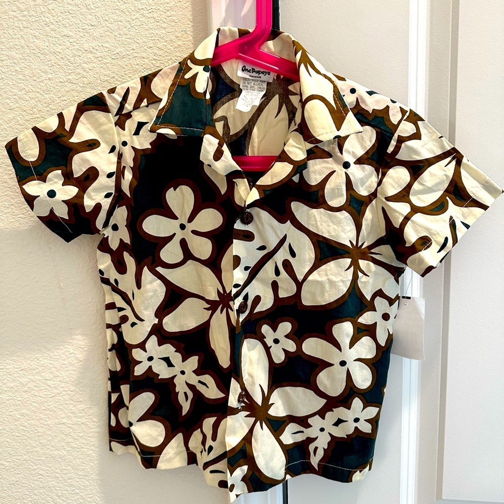 Boy Hawaiian brown, cream shirt. Made in Hawaii. Size4
